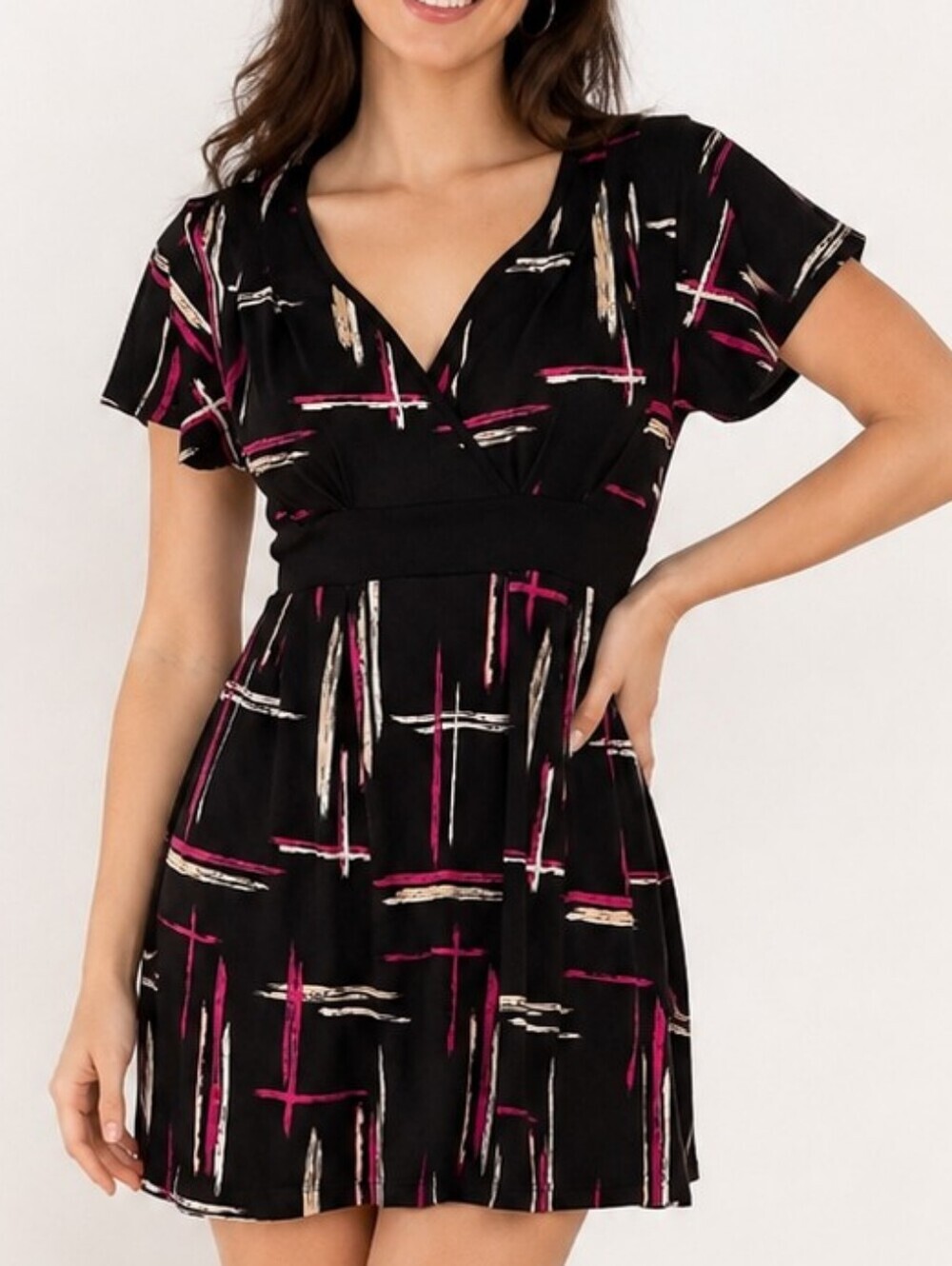 L8ter Y2k Black Abstract Print V-Neck Tie Back Tunic